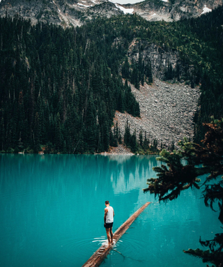 zoomed out shot of person standing on a log in the water