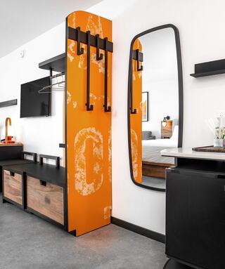 Clean playfully designed room.