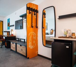 Clean playfully designed room.