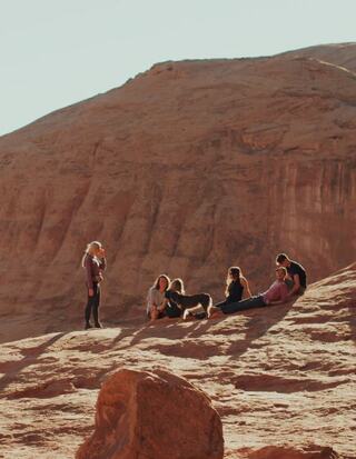 Group hiking on rocks